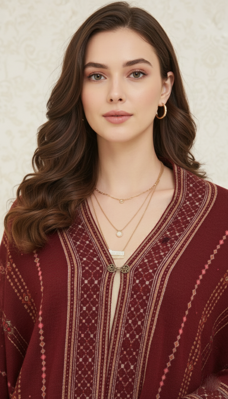 Elegant Maroon Embroidered Poncho Shawl - Chic Winter Layering