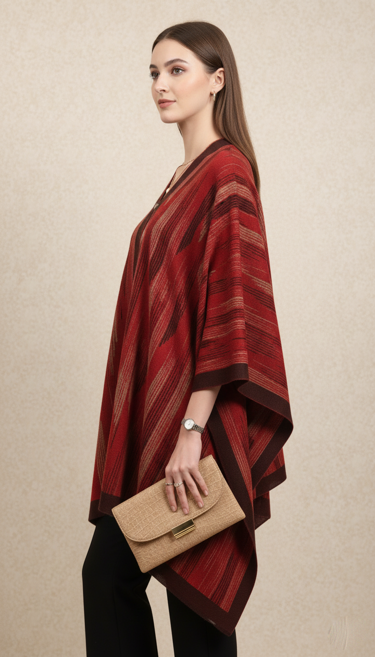 Elegant Striped V-Neck Poncho Shawl