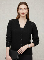 Black Fine Knit Eyelet Pattern Cardigan