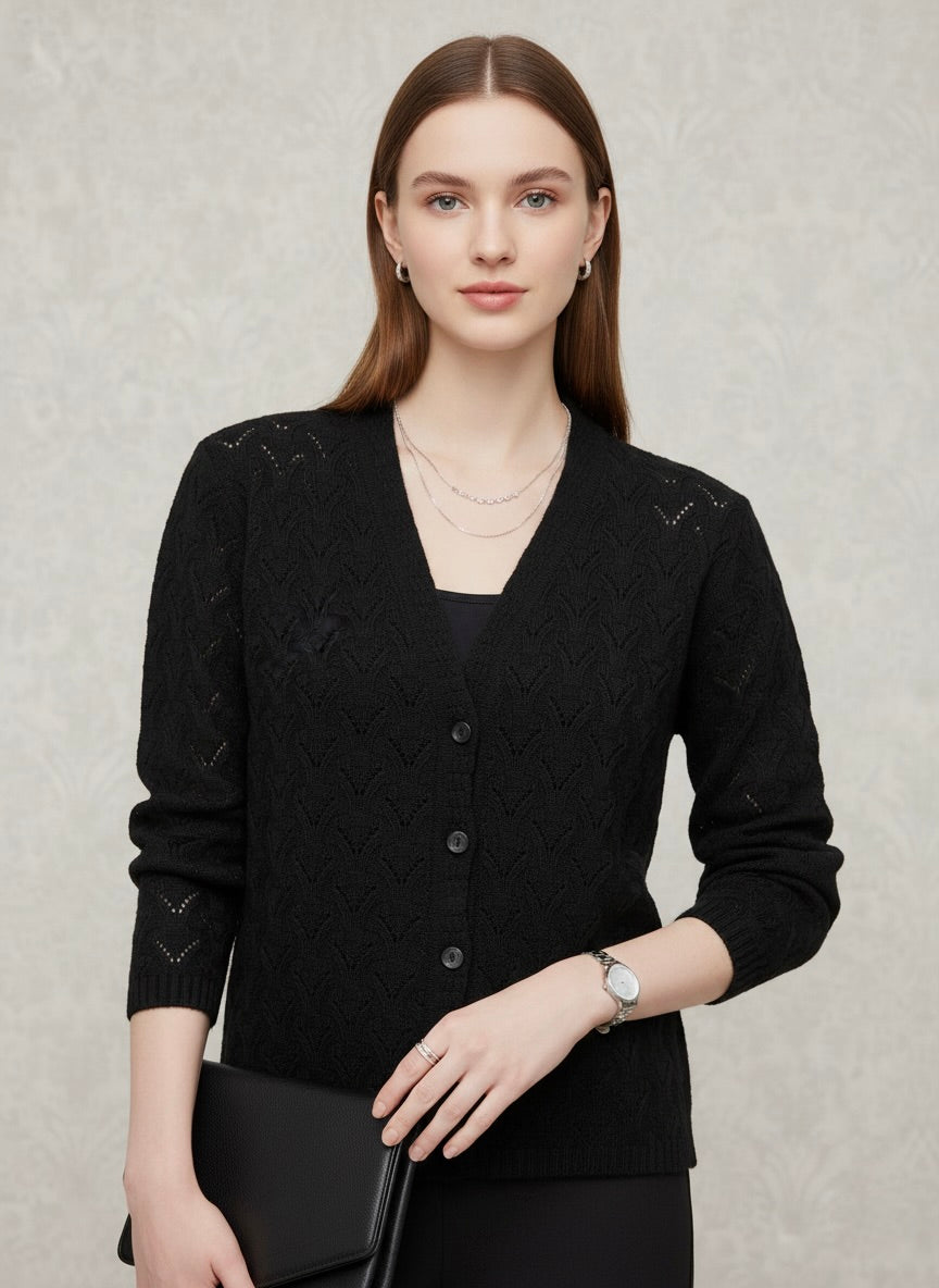 Black Fine Knit Eyelet Pattern Cardigan