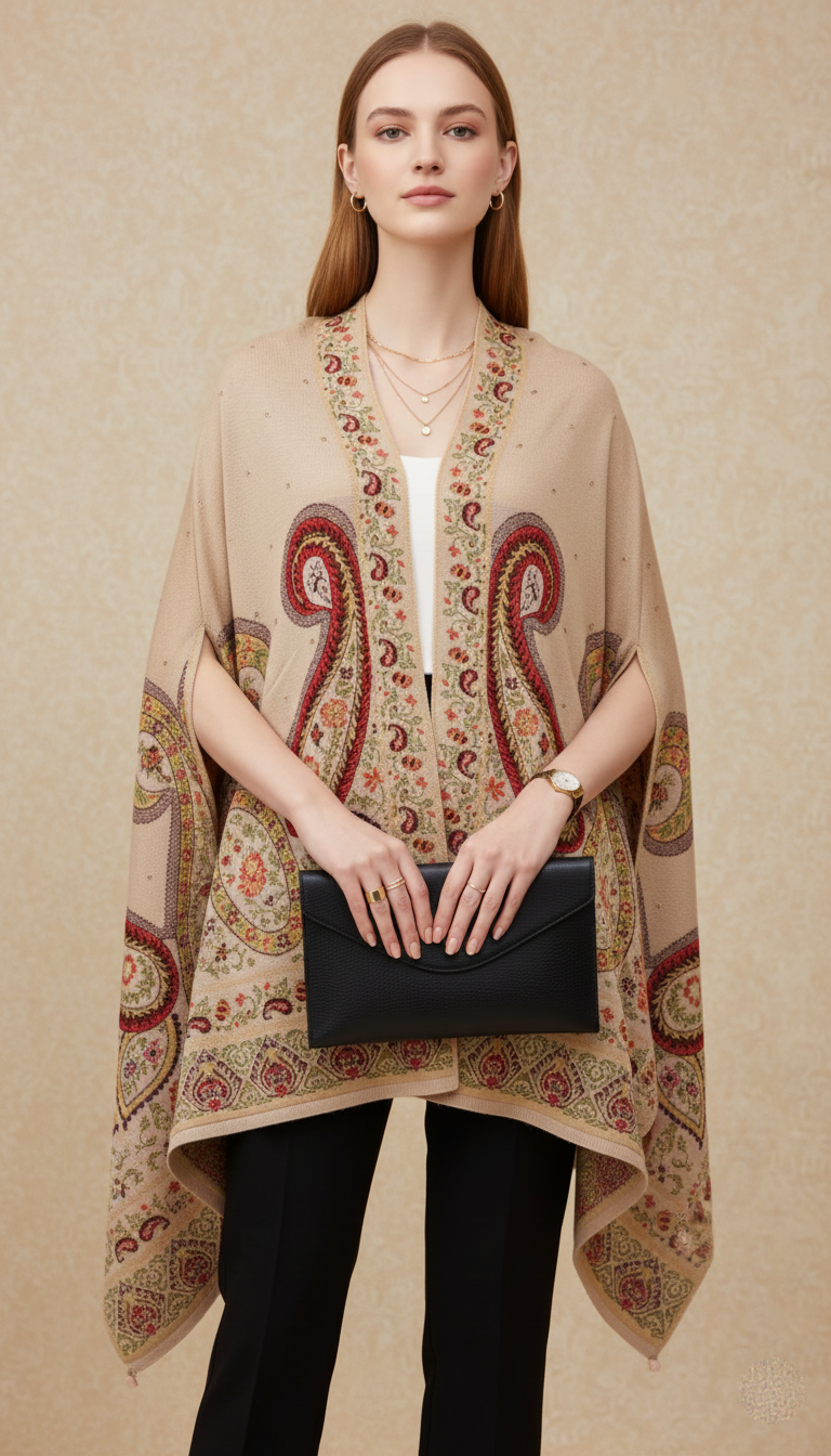 Luxury Beige/Camel Shawl-Cape with Intricate Multi-Color Paisley Embroidery