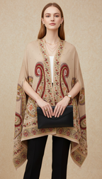 Luxury Beige/Camel Shawl-Cape with Intricate Multi-Color Paisley Embroidery