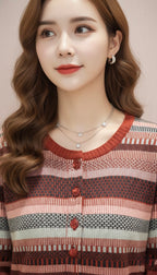 Multi-Colored Striped Crew Neck Cardigan (Maroon, Pink, Gray)