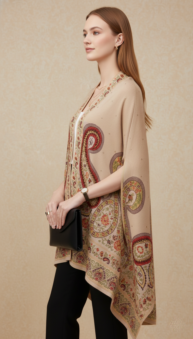 Luxury Beige/Camel Shawl-Cape with Intricate Multi-Color Paisley Embroidery