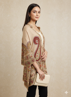 Beige & Maroon Geometric Woven Winter Poncho