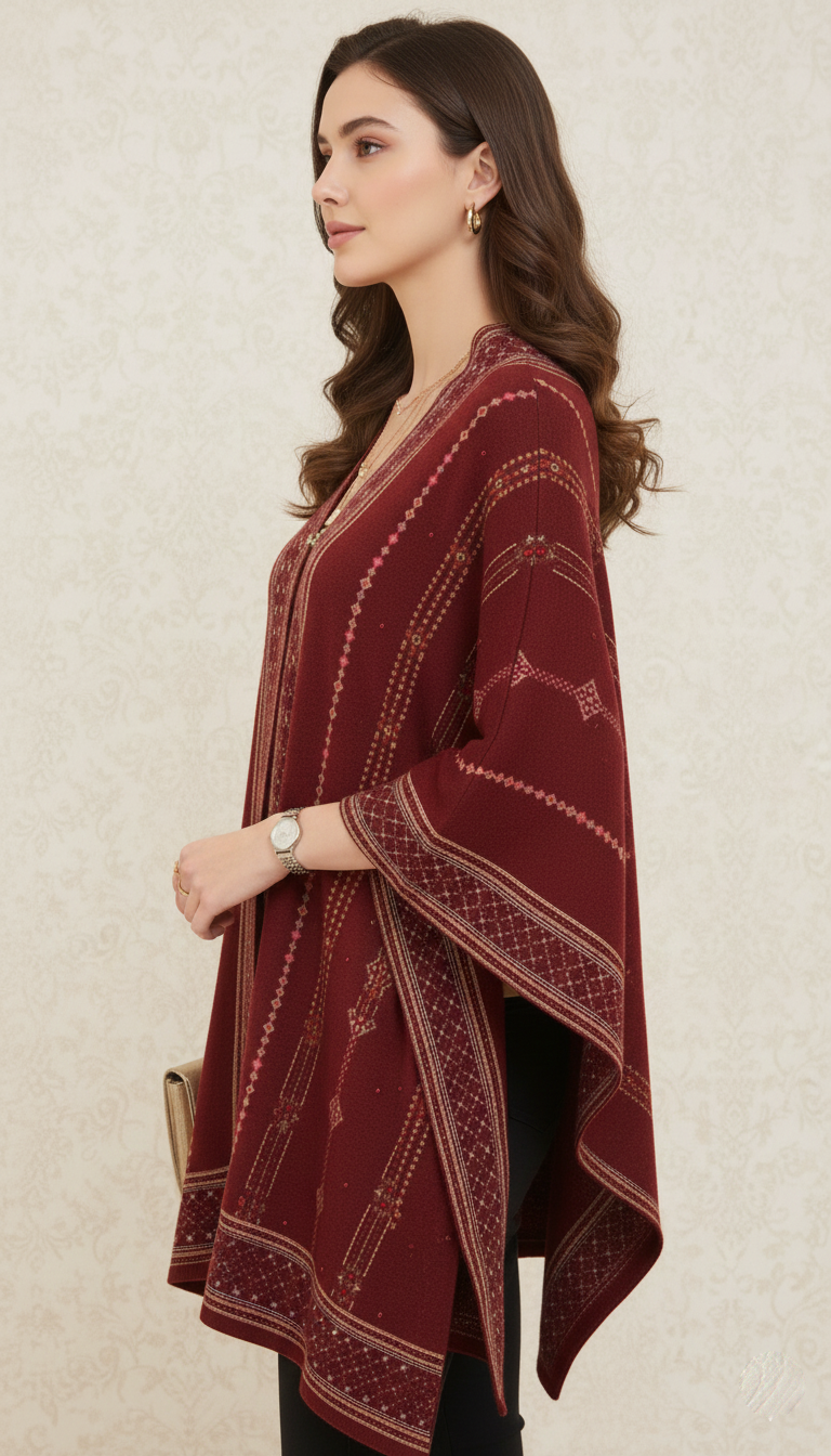 Elegant Maroon Embroidered Poncho Shawl - Chic Winter Layering