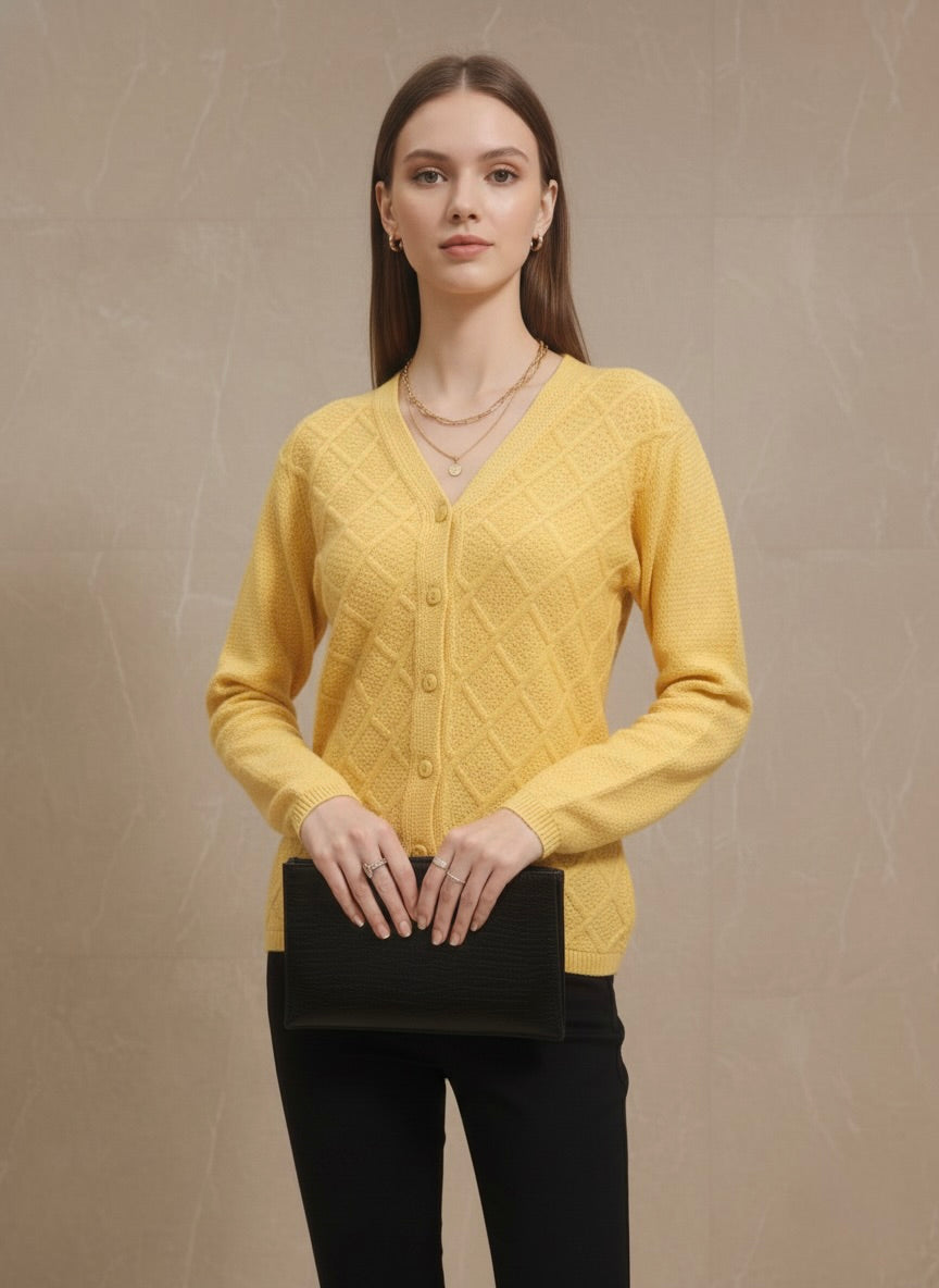 Cheerful Yellow Diamond Knit V-Neck Cardigan