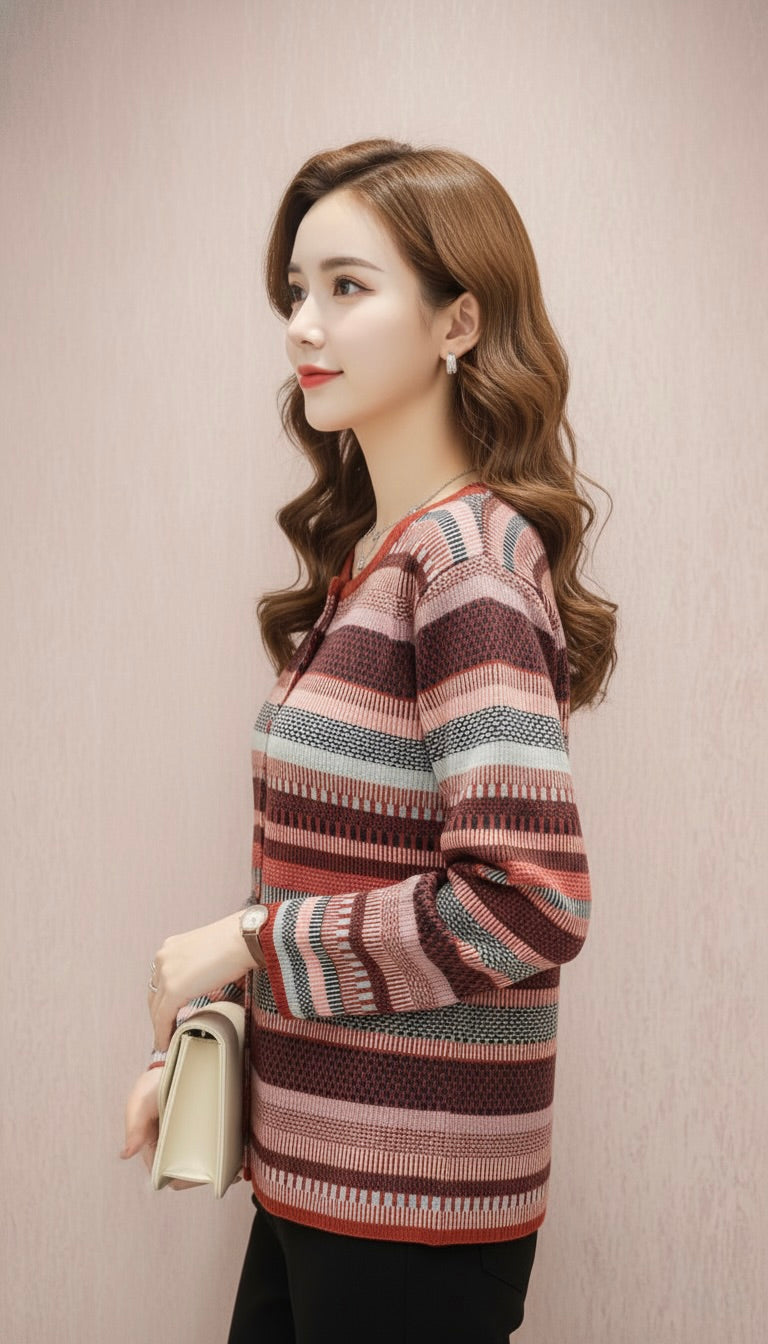 Multi-Colored Striped Crew Neck Cardigan (Maroon, Pink, Gray)
