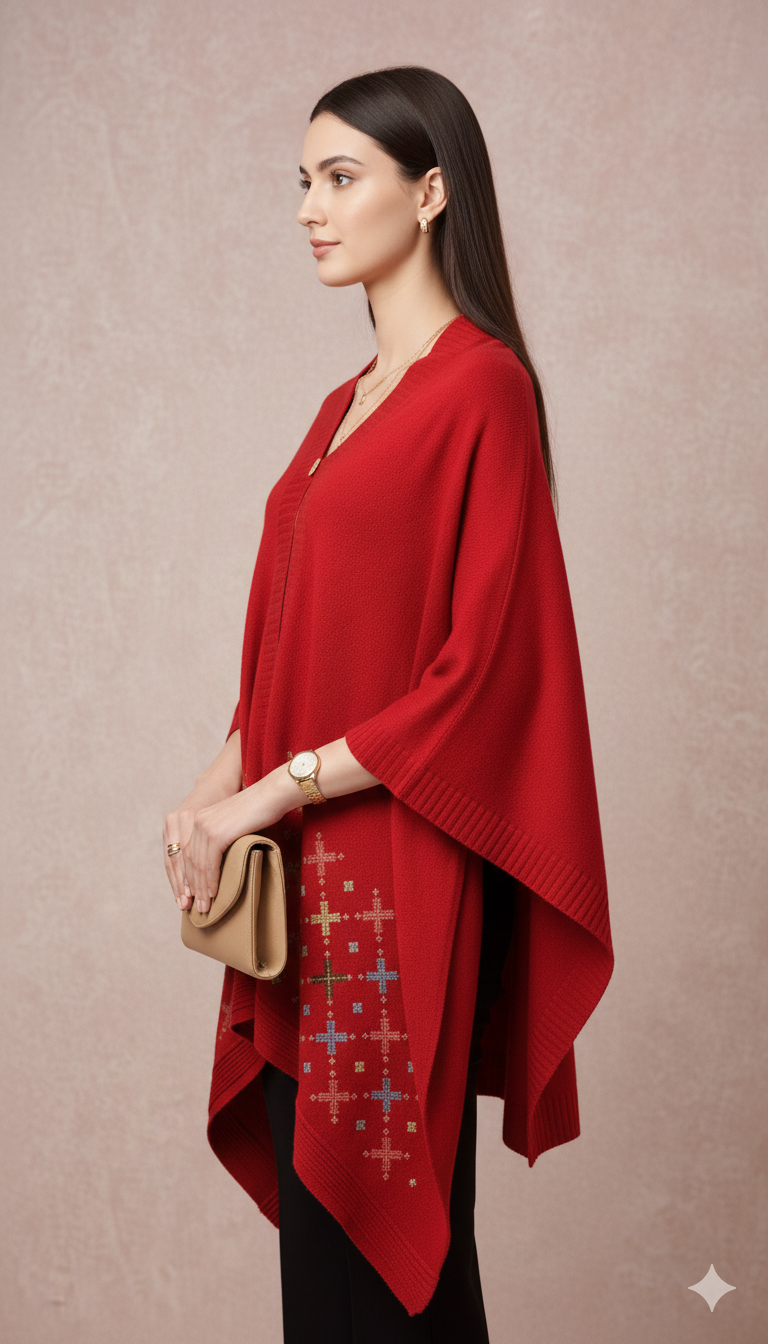 Vibrant Red Embroidered Shawl/Poncho with Geometric Motifs