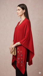 Vibrant Red Embroidered Shawl/Poncho with Geometric Motifs