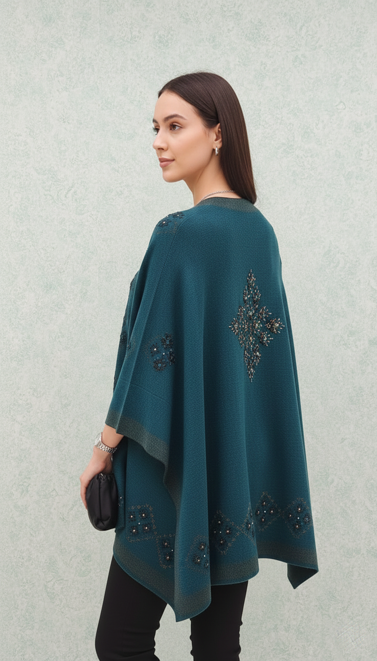 Embellished Teal Knit Poncho – Effortless Elegance