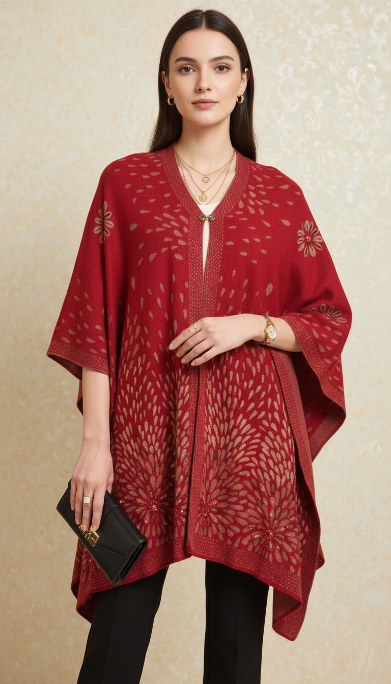 Crimson & Gold Floral Knit Cape/Poncho with Open Front