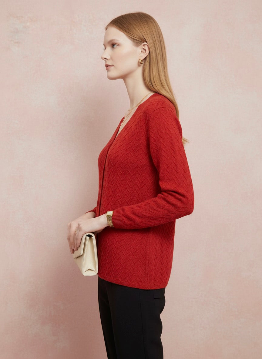 Classic Red Textured Chevron Knit Cardigan