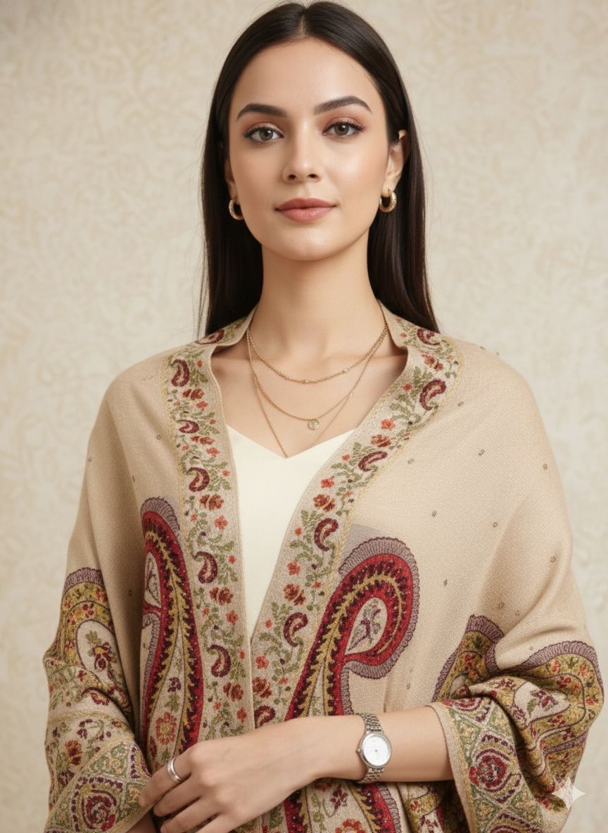 Beige & Maroon Geometric Woven Winter Poncho