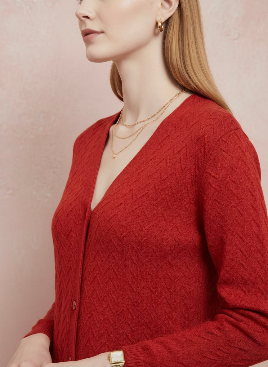 Classic Red Textured Chevron Knit Cardigan