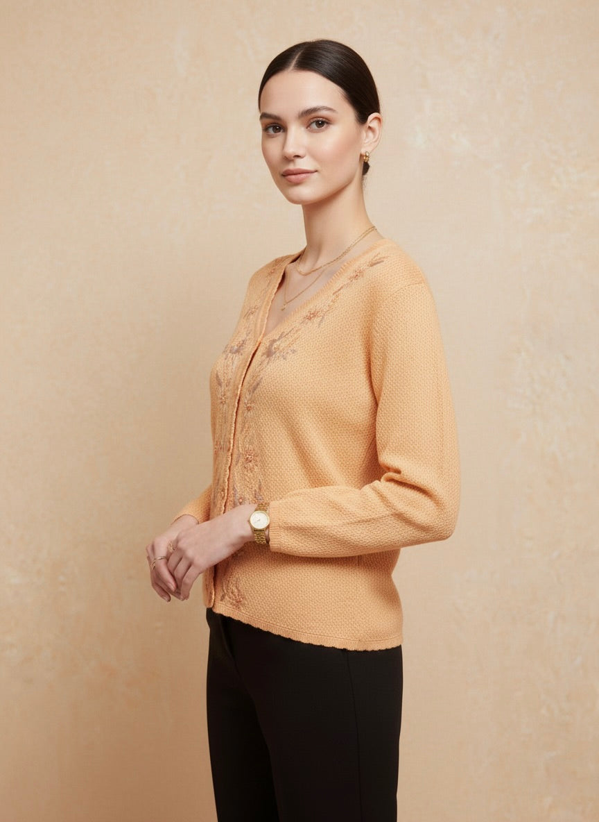 Peach Embroidered V-Neck Cardigan
