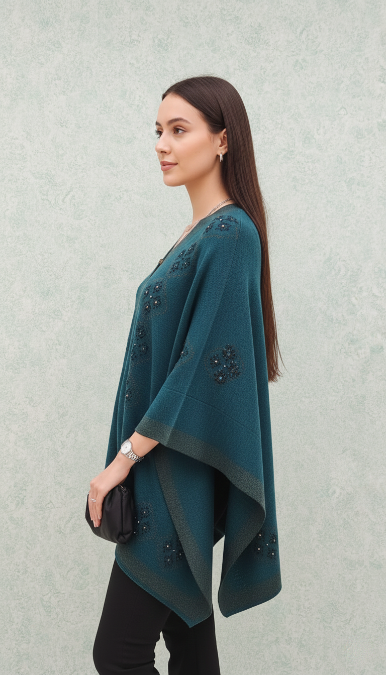 Embellished Teal Knit Poncho – Effortless Elegance