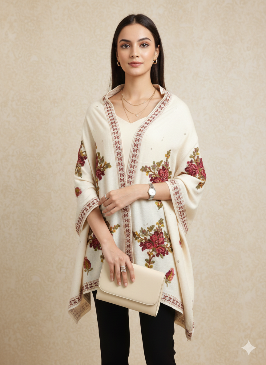 Off-White & Maroon Embroidered Floral Winter Poncho