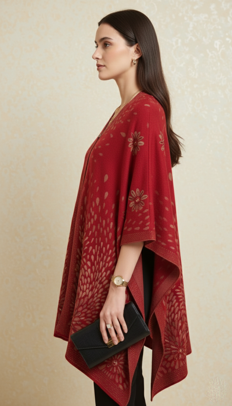 Crimson & Gold Floral Knit Cape/Poncho with Open Front
