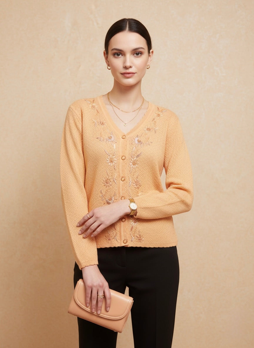 Peach Embroidered V-Neck Cardigan