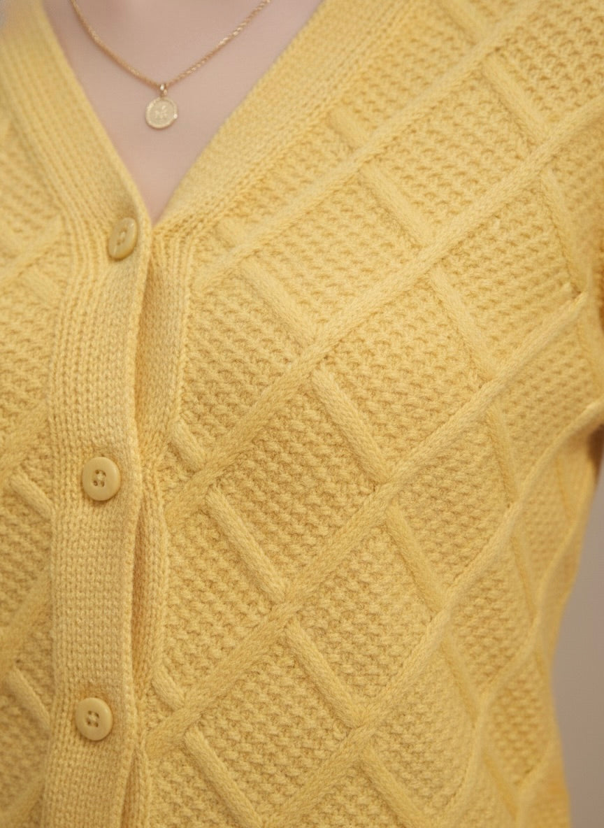 Cheerful Yellow Diamond Knit V-Neck Cardigan