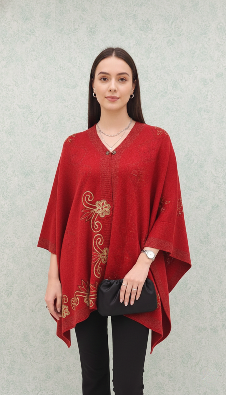 Radiant Red Embroidered Poncho – Bold & Beautiful