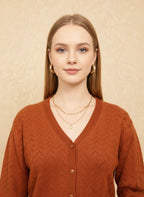 Rust Orange Chevron Knit V-Neck Cardigan