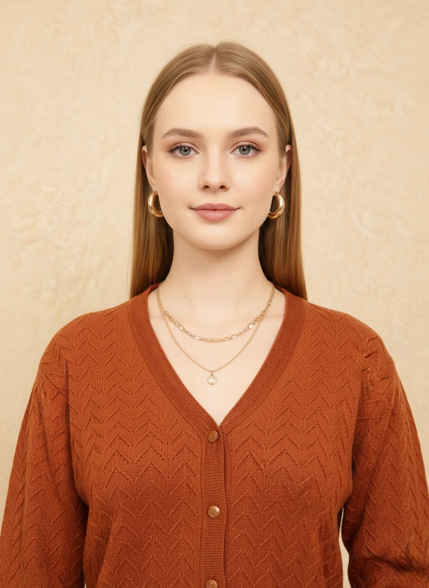 Rust Orange Chevron Knit V-Neck Cardigan