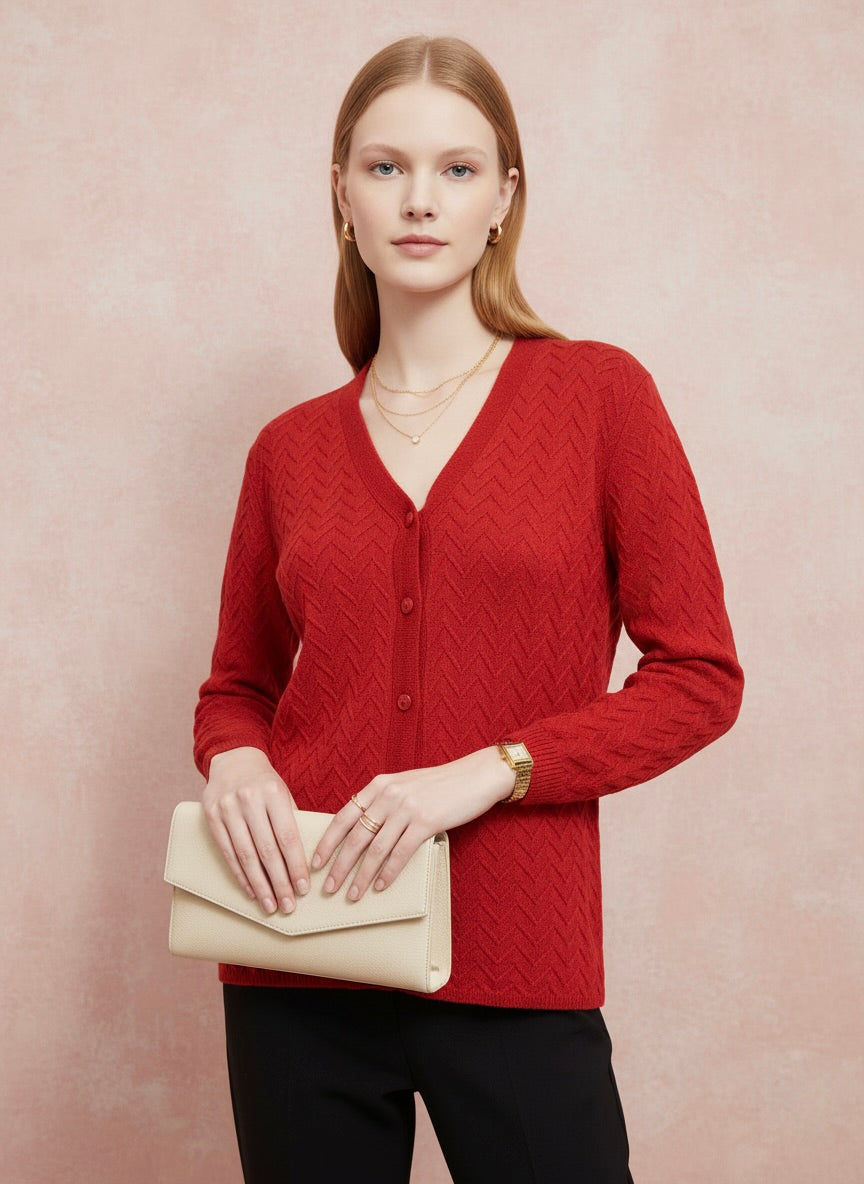 Classic Red Textured Chevron Knit Cardigan