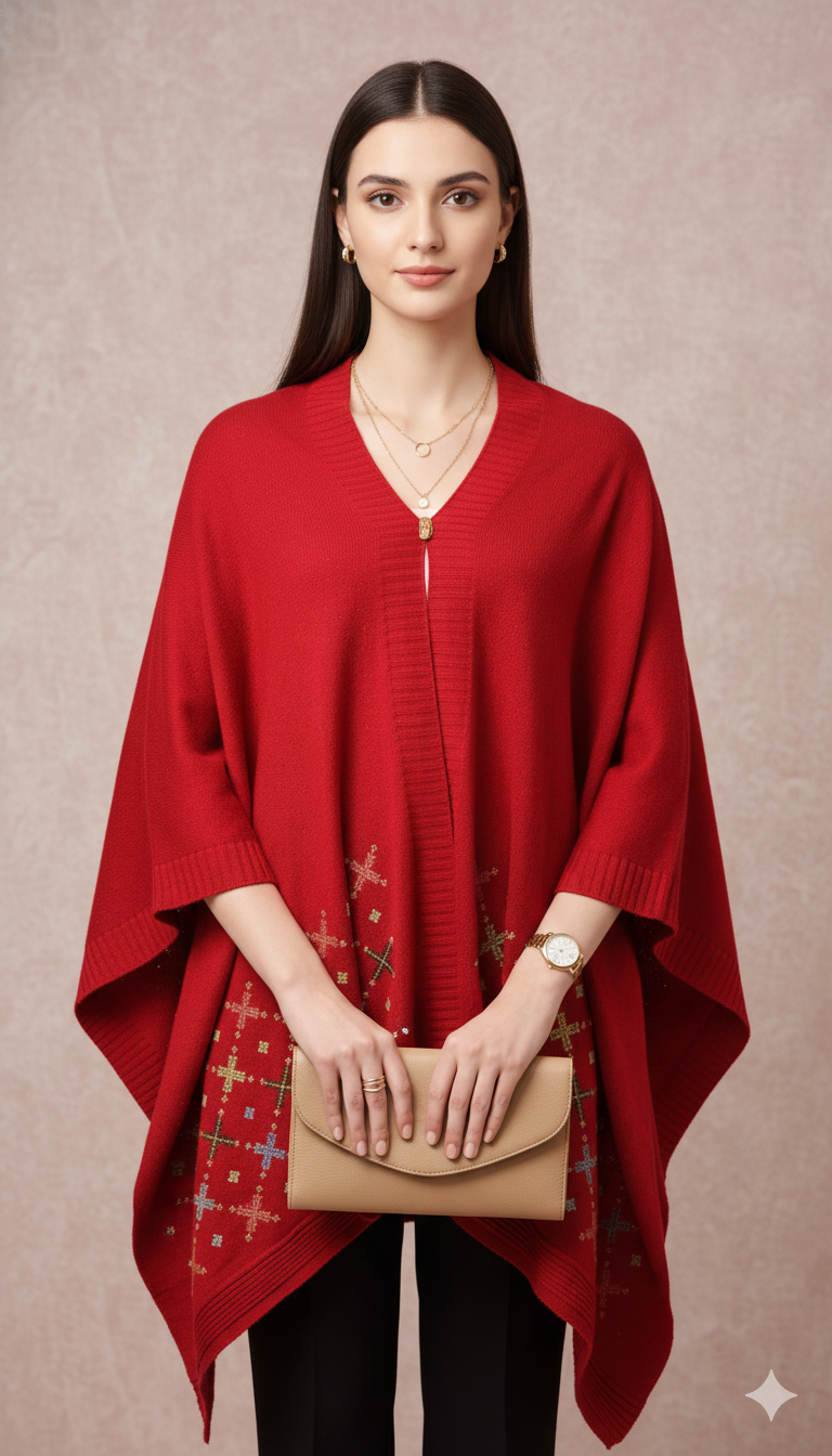 Vibrant Red Embroidered Shawl/Poncho with Geometric Motifs