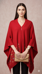 Vibrant Red Embroidered Shawl/Poncho with Geometric Motifs