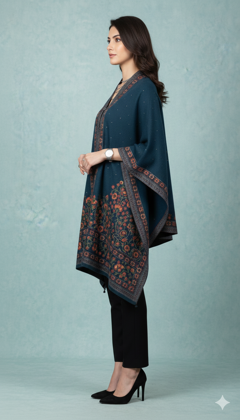 Deep Teal Embroidered Woolen Poncho with Rust Floral Border