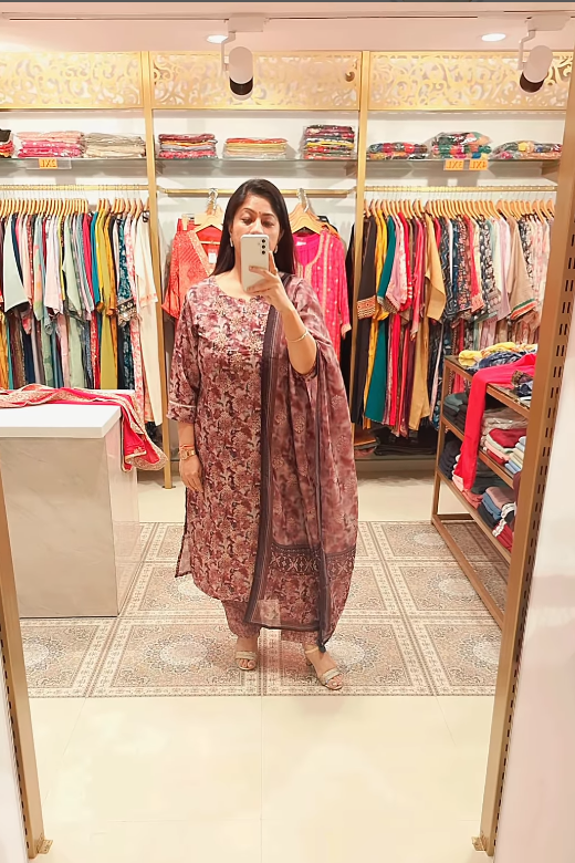 Elegance Brown Floral Print Suit With Delicate Tilla Work