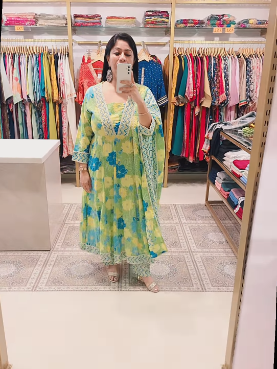 Floral Print Anarkali Cotton Kurta Set with Dupatta