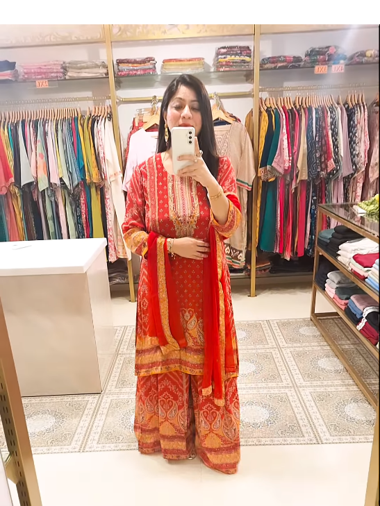 Rust Red Printed Crepe Kurta Sharara Set with Dupatta