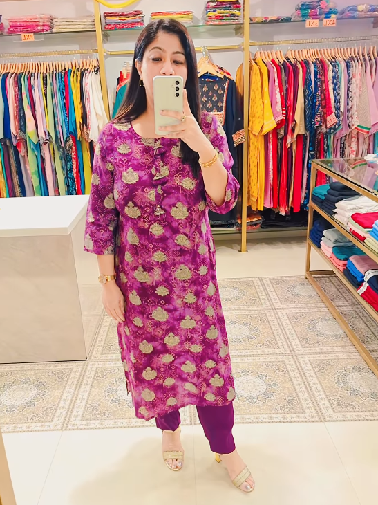 Purple Banarasi Printed Kurta Set with Straight Pants
