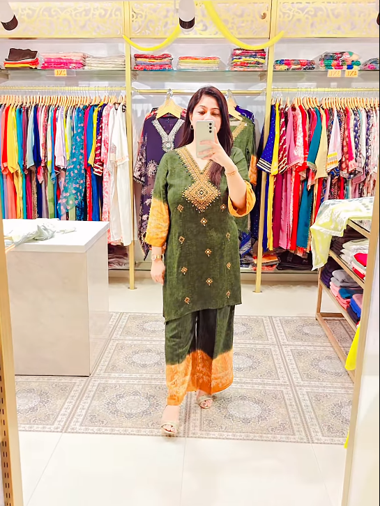 Olive Green and Mustard Co-ord Set with Embroidered Neckline