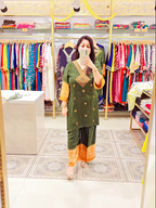 Olive Green and Mustard Co-ord Set with Embroidered Neckline