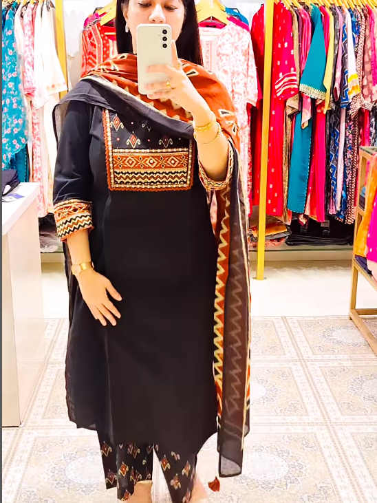 Elegant Black Cotton Kurta Set with Rust Embroidered Yoke and Printed Dupatta