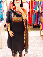 Elegant Black Cotton Kurta Set with Rust Embroidered Yoke and Printed Dupatta
