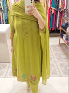 Lime Green Pure Mul Cotton Kurta Set with Exquisite Embroidered Detailing