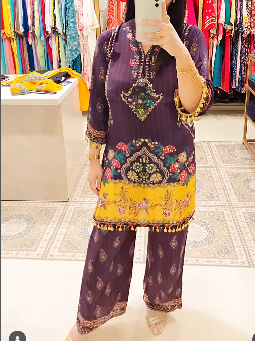 Purple and Mustard Pure Crepe Co-ord Set with Exquisite Floral Print
