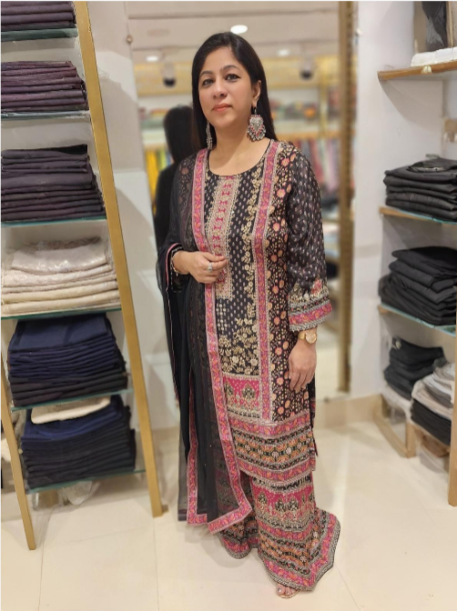 Black Pure Crepe Digital Print Palazzo Sharara Set