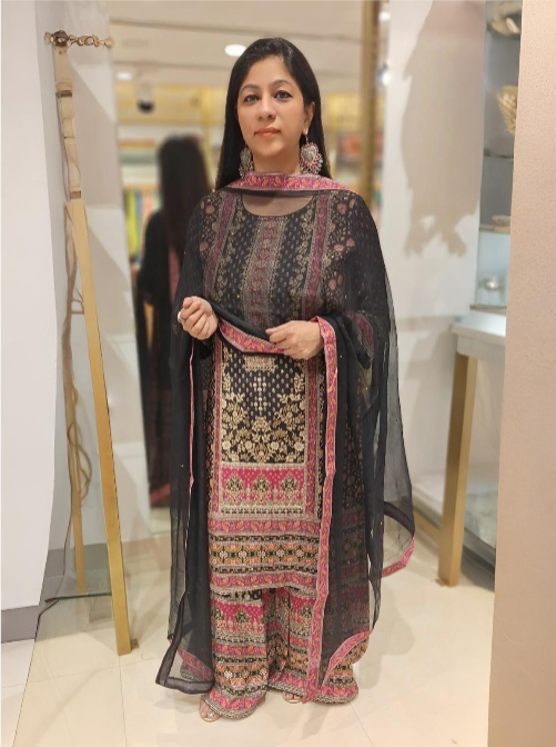 Black Pure Crepe Digital Print Palazzo Sharara Set
