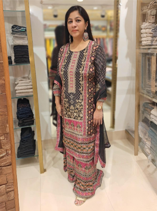 Black Pure Crepe Digital Print Palazzo Sharara Set