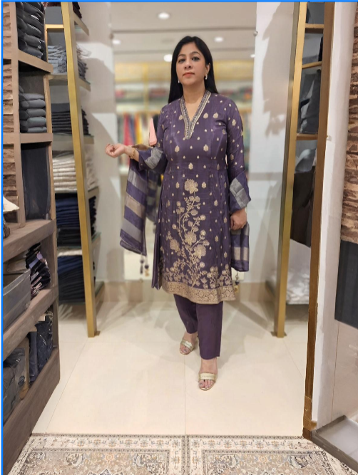 Royal Purple Dola Silk Embroidered Suit Set with Striped Dupatta