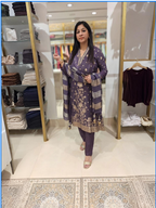 Royal Purple Dola Silk Embroidered Suit Set with Striped Dupatta