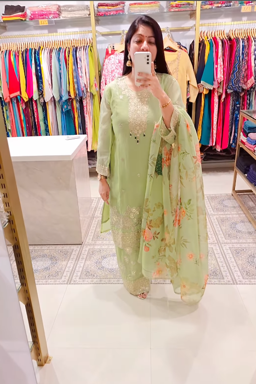 Floral Dupatta Farshi Suit in Pastel Green
