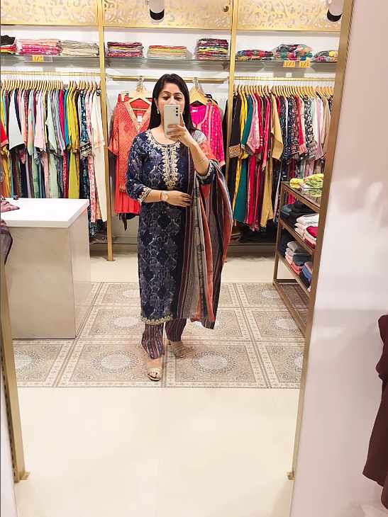 Navy Blue Embroidered Cotton Suit Set with Striped Dupatta