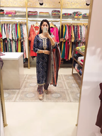 Navy Blue Embroidered Cotton Suit Set with Striped Dupatta